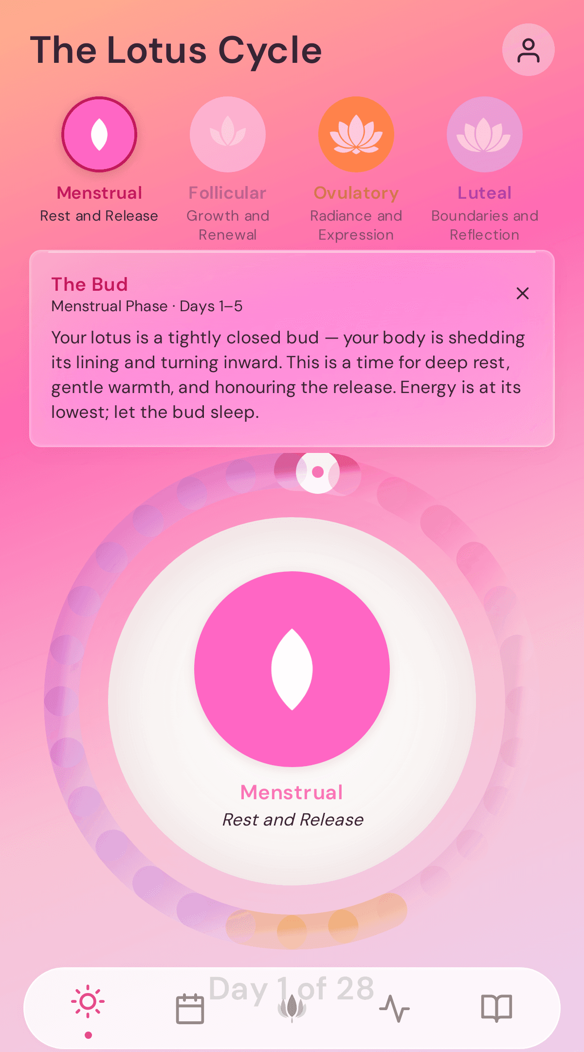 Olanna Health app — The Lotus Cycle view showing menstrual phase tracking with cycle phases and day counter