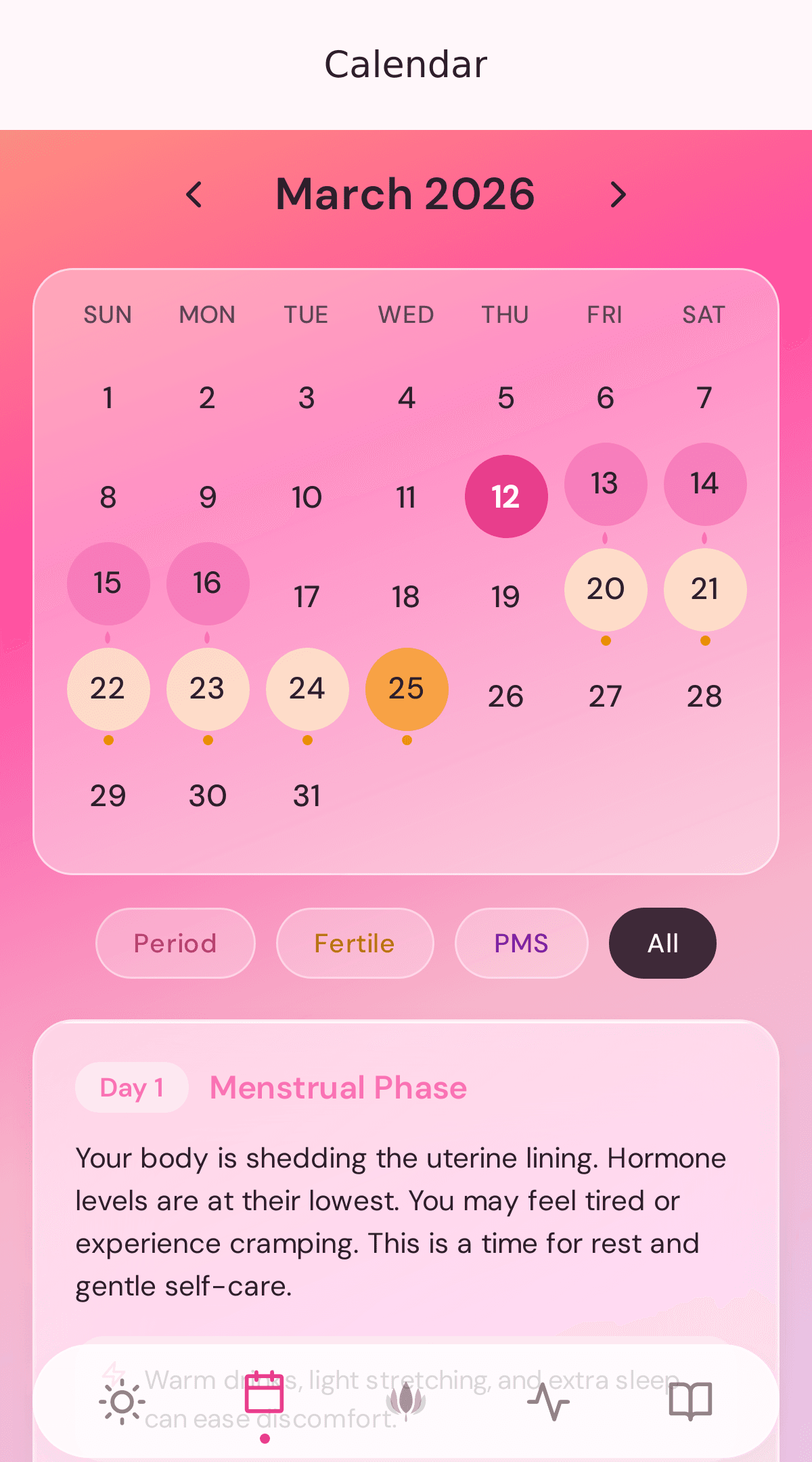 Calendar — monthly view showing period, fertile, and PMS days with phase details