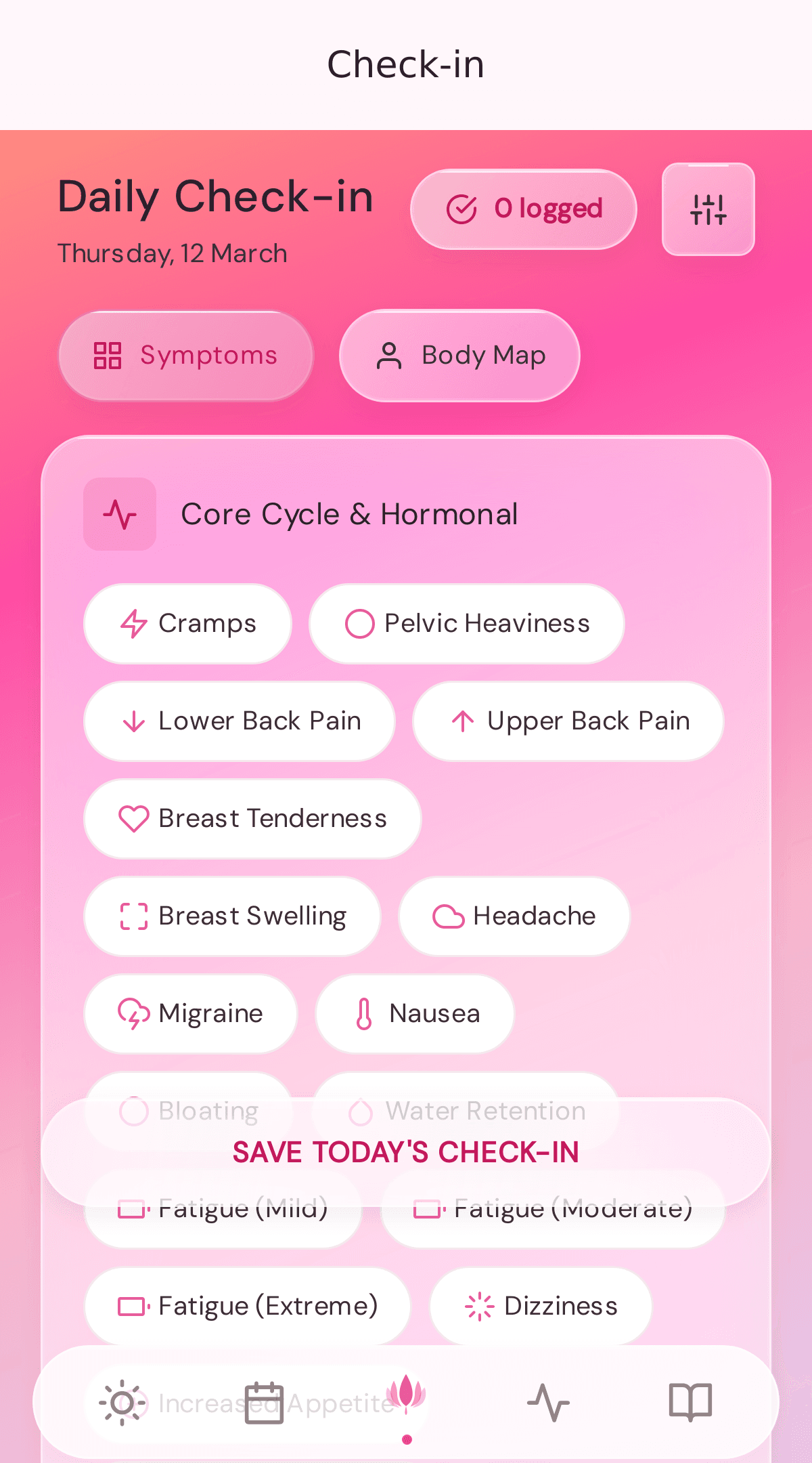 Daily Check-in — log symptoms like cramps, back pain, headache, and fatigue