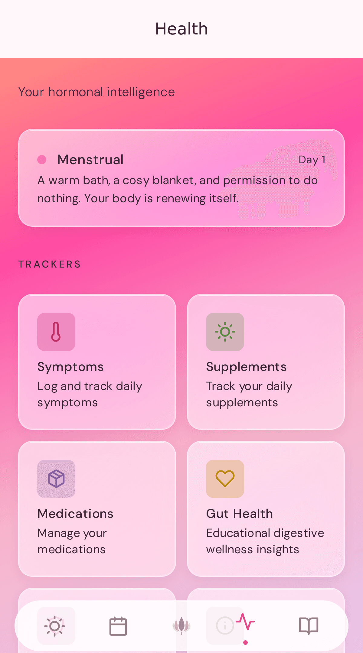 Health hub — symptoms, supplements, medications, and gut health trackers
