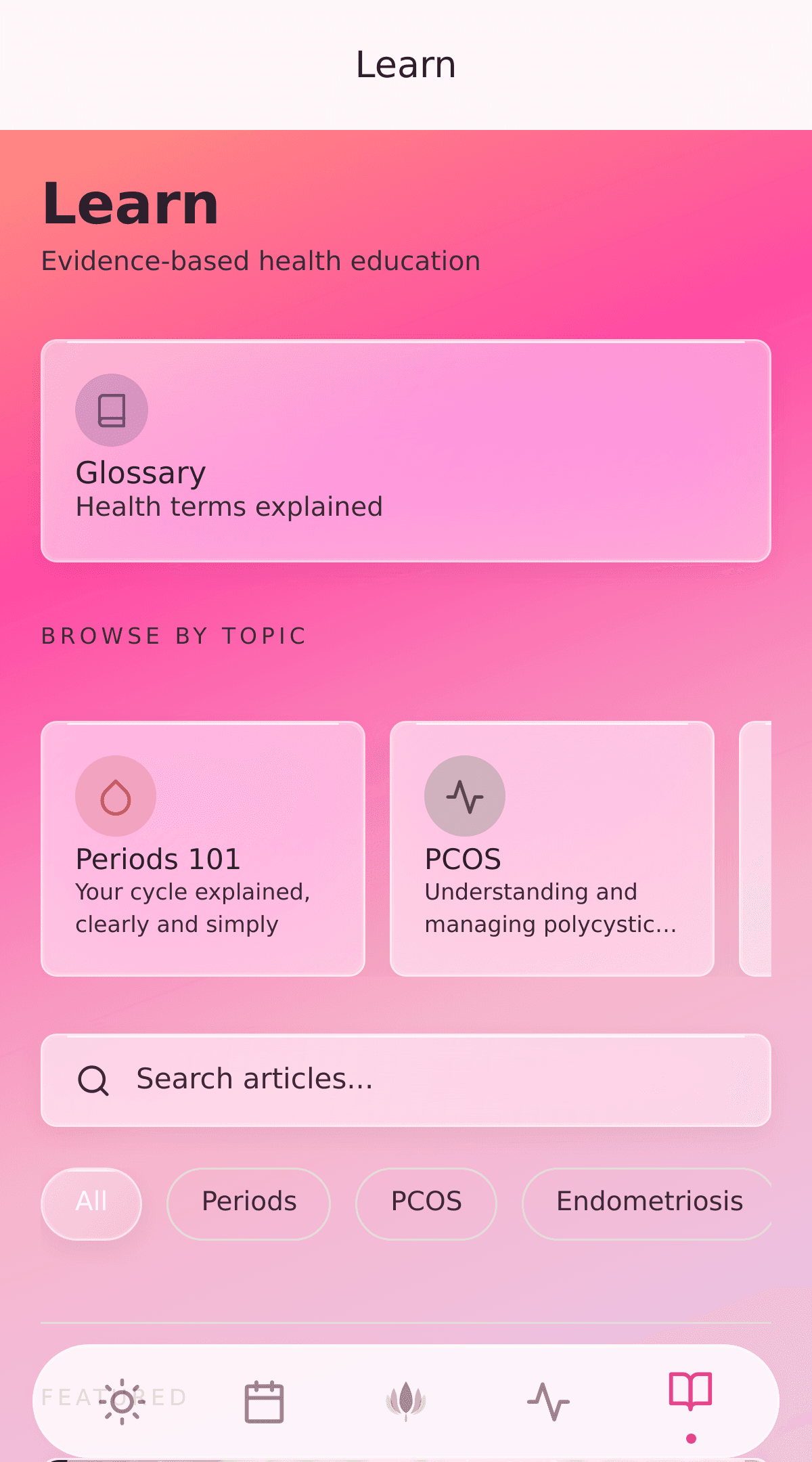 Learn — evidence-based health education with glossary, topics, and article search