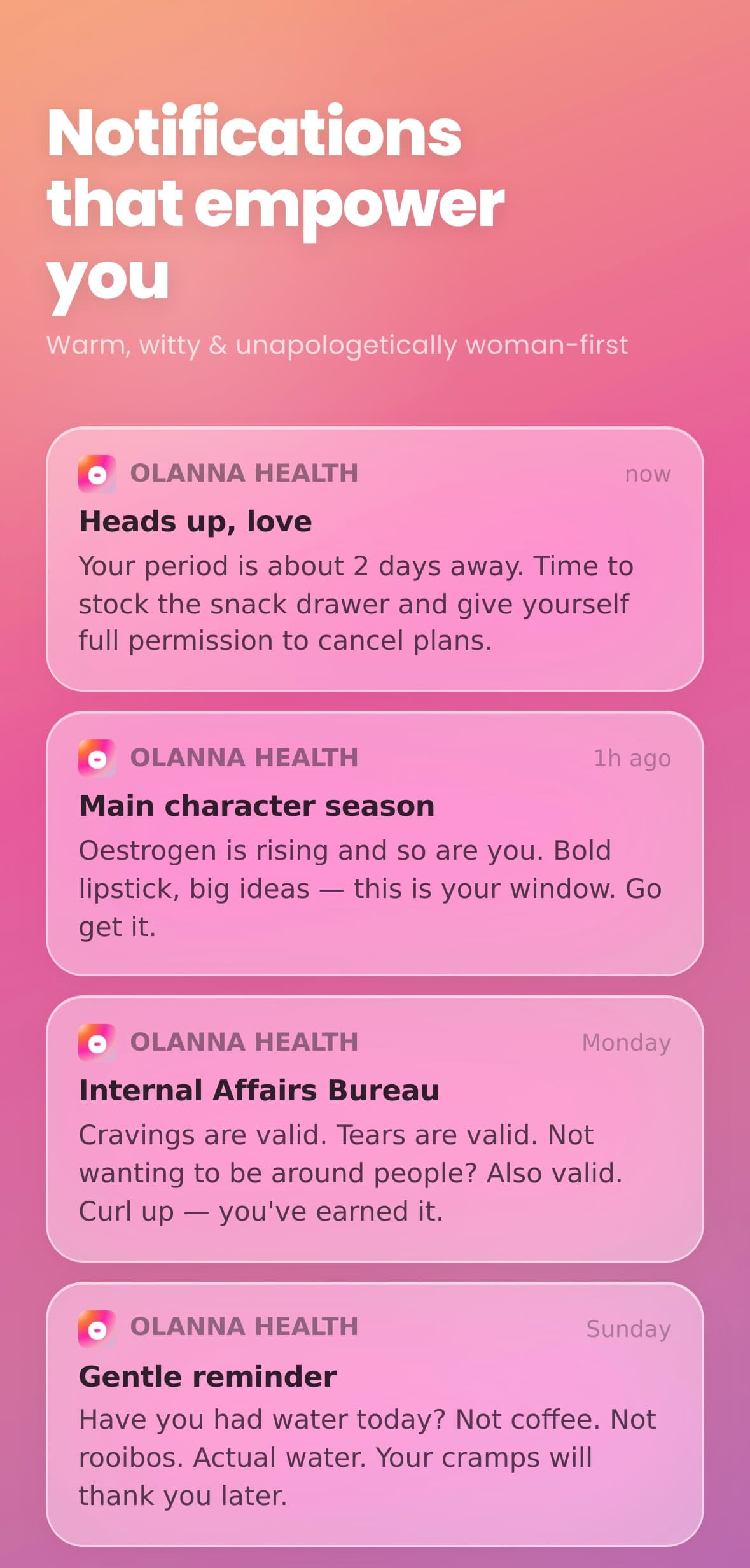 Olanna notifications — warm, witty, woman-first reminders about your cycle