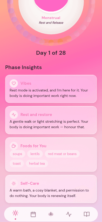 Phase Insights — personalised vibes, rest tips, foods, and self-care recommendations