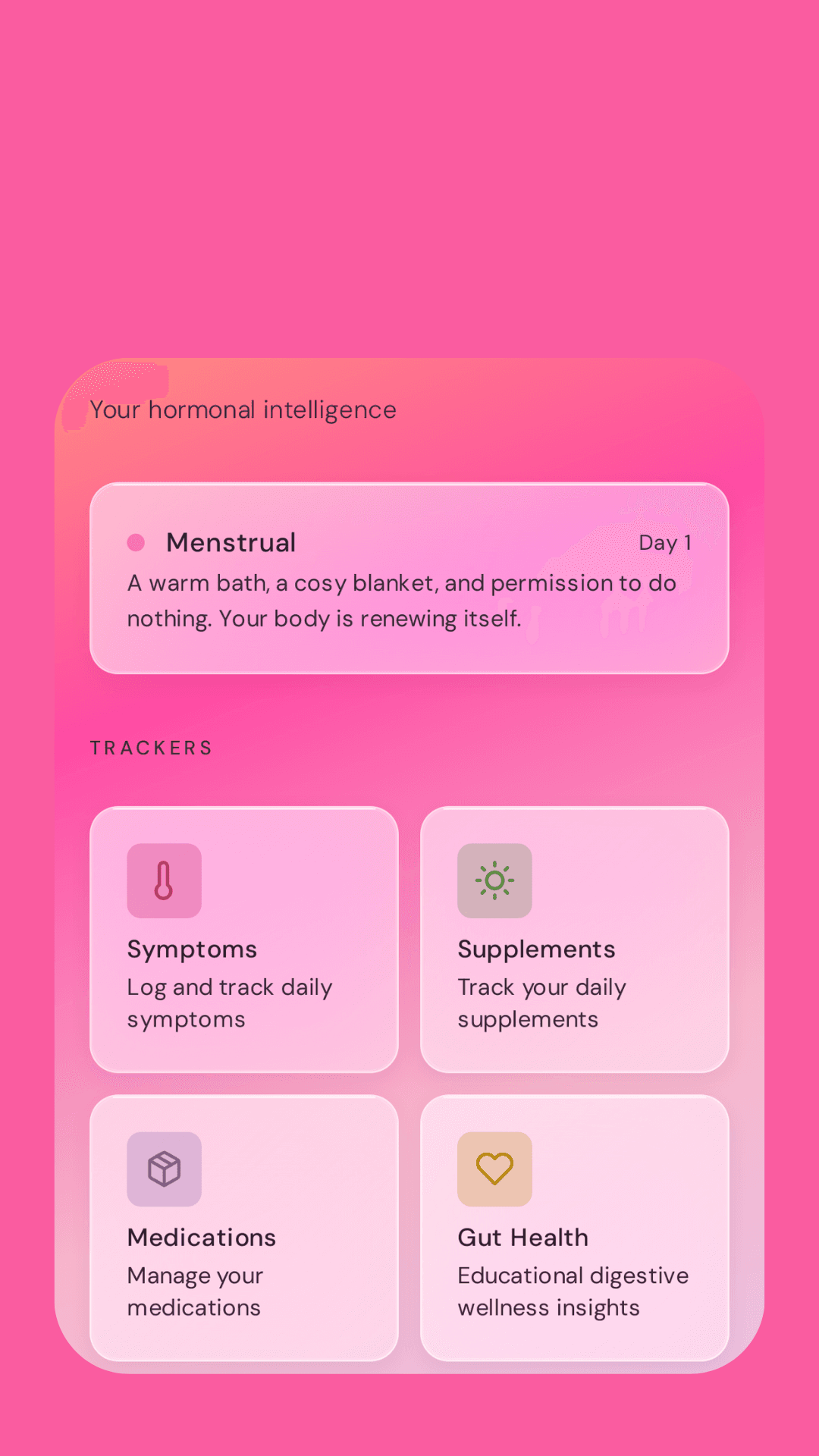 Olanna Health app — cycle tracking, symptoms, supplements, medications, and gut health trackers