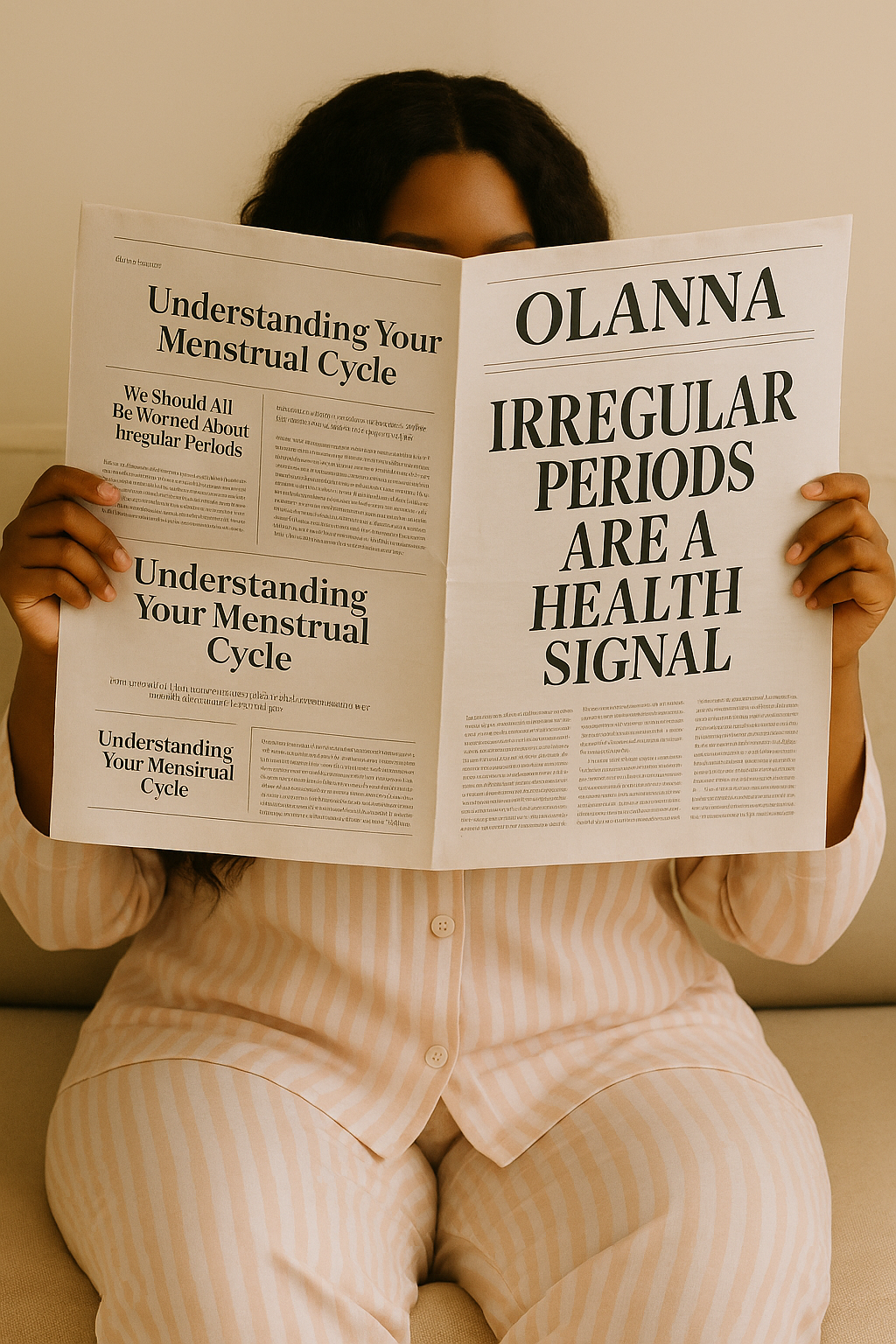 Woman reading Olanna magazine featuring irregular periods as a health signal