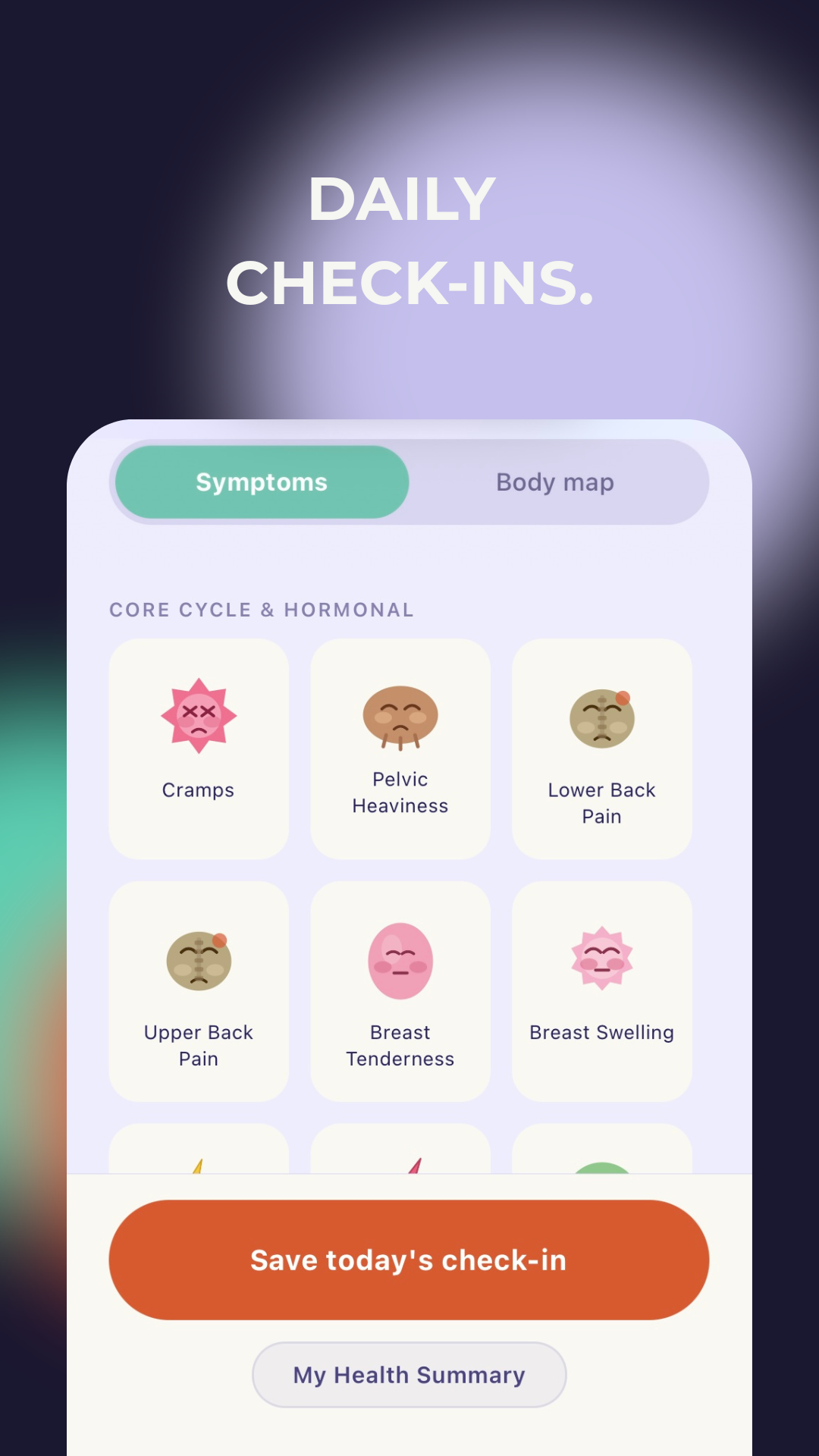 Lanna symptom check-in screen with body and symptom tracking